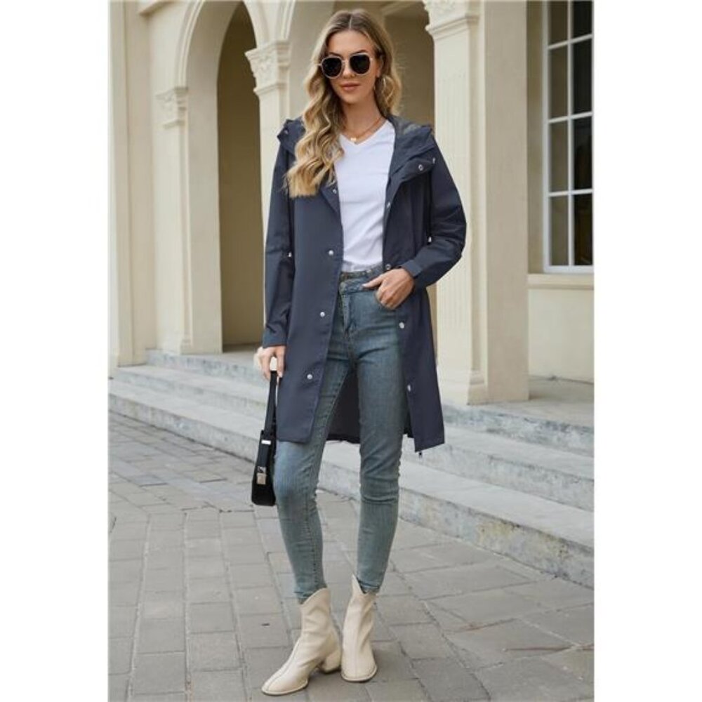 Women's Long Rain Coat Packable Rain Jacket Waterproof Raincoat - Picture 3 of 6